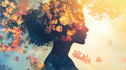 Poster - Portrait of a woman surrounded by a vibrant floral aura in a sunlit garden setting