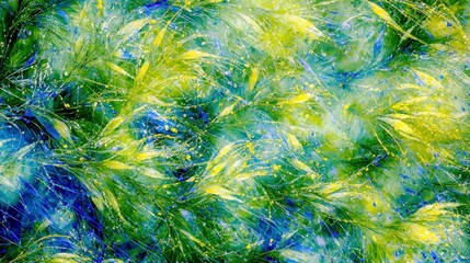 Poster - Abstract vibrant artwork featuring dynamic brush strokes in shades of green, yellow, and blue, evoking a sense of energy and movement in nature