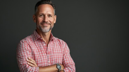 Poster - Confident professional portrait of a man with a beard in a casual checkered shirt against a dark background