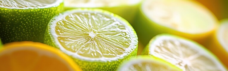 Poster - Slices of vibrant lime green and sunny yellow citrus fruits arranged attractively on a surface during golden hour