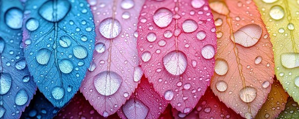 Poster - Colorful leaves with water droplets showcasing vibrant hues of blue, pink, red, and yellow for creative backgrounds or nature-themed projects