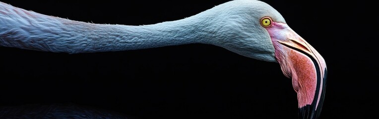 Poster - Close-up of a flamingo showcasing intricate details of its beak and feathers against a dark background