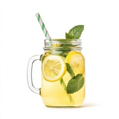 Poster - Refreshing glass mason jar filled with homemade lemonade and fresh mint leaves on a summer day