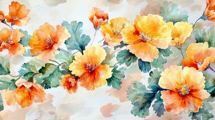 Poster - Vibrant Delight of Orange Floral Blooms in Watercolor with Lush Green Leaves Creating a Serene and Artistic Atmosphere for Nature Lovers