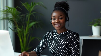 Wall Mural - Professional woman working in a modern office workspace, engaging with clients in a clean, organized environment