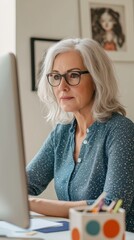 Poster - Middle-aged woman using computer in a bright, minimalist workspace while engaging in focused work