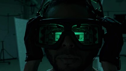 Poster - exploring advanced technology with high-tech goggles in a dimly lit environment during an innovative