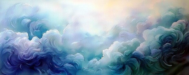 Poster - Serene Abstract Swirling Clouds with Soft Hues of Blue, Green, and White for a Dreamlike Atmosphere in Artistic Decor and Background Designs