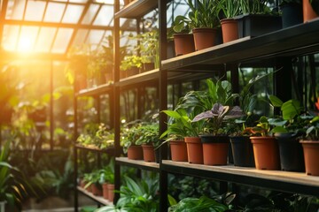 Poster - Bright sunlight filters through clear glass panels, illuminating a lush greenhouse stocked with various vibrant potted plants on rustic wooden shelves