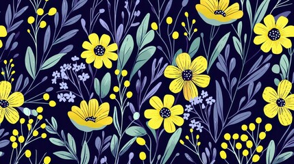 Poster - Vibrant Floral Pattern with Yellow Flowers and Green Leaves on a Dark Background Ideal for Textile, Wallpaper, and Design Projects