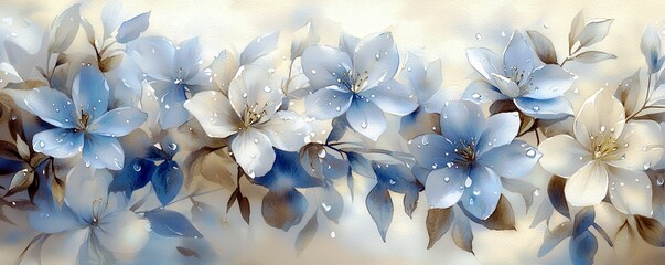 Poster - Delicate Blue and White Flowers with Raindrops on Soft Background for Elegant Floral Decoration and Design Inspiration