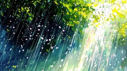 Poster - Lush Greenery with Falling Petals and Soft Rain in a Vibrant Nature Scene Captured in Beautiful Light and Color for Artistic Inspiration and Serenity
