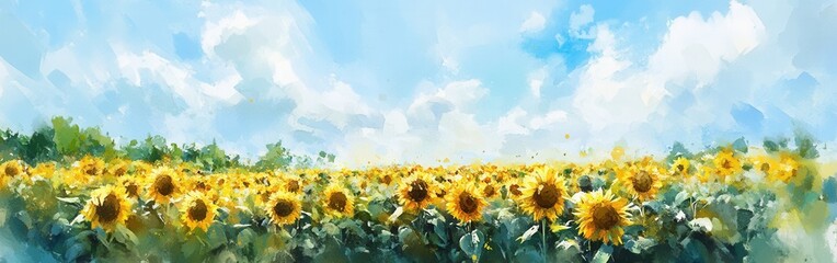Poster - Vibrant sunflower field under a bright blue sky with fluffy clouds during a sunlit summer afternoon in rural landscape
