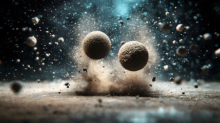 Poster - Quantum simulation visualization depicting the law of conservation of momentum in an elastic collision showcasing two particles bouncing off each other with copy space above the dynamic scene