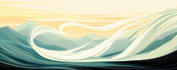 Poster - Abstract Landscape with Flowing Lines and Gentle Waves in Soft Colors Depicting Mountains and Sunset Atmosphere