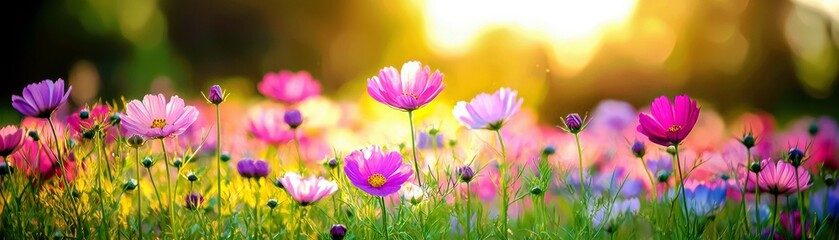 Poster - Vibrant Flower Field at Sunrise with Colorful Blooms Illuminated by Soft Sunlight in a Serene Outdoor Setting
