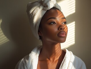 Wall Mural - Asian Woman Beauty Skincare Portrait in Towel Relaxing at Health Spa with Natural Light