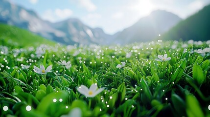 Poster - Scenic meadow with blooming flowers and sparkling dew under the sunlight in a picturesque mountainous landscape during a peaceful day