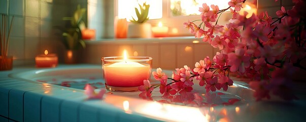 Poster - Serene spa atmosphere with glowing candle, pink flowers, and tranquil water, creating a peaceful and relaxing sanctuary for self-care in a modern bathroom
