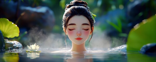 Poster - Serene Woman in Natural Hot Spring Surrounded by Lush Greenery and Lotus Flower, Capturing Tranquility and Inner Peace in a Dreamy Setting