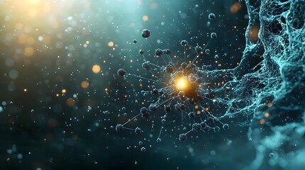 Poster - Quantum computing visual displaying the transfer of momentum in an explosion with particles moving apart with equal and opposite momentum leaving copy space at the top right