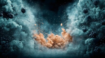 Poster - Quantum computing displaying the transfer of momentum in an explosion showing particles moving apart with equal and opposite momentum leaving copy space at the top right for text overlay