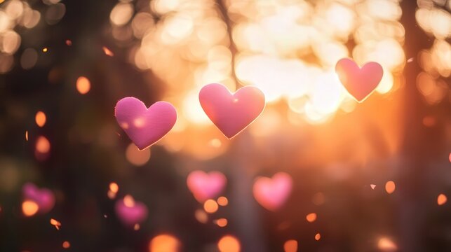 dreamy pink hearts floating in a serene sunset forest