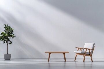 Poster - Scandinavian-inspired living room features a sleek armchair, a simple wooden coffee table, and a potted plant against a clean white wall, emphasizing minimalism