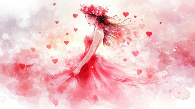 whimsical girl with floral crown and red heart details in watercolor style