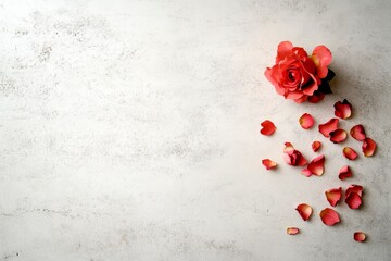 Poster - A single rose rests on a white textured surface, surrounded by scattered pink petals, creating a romantic atmosphere with plenty of negative space for design