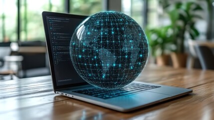 Global network on laptop, office background, coding