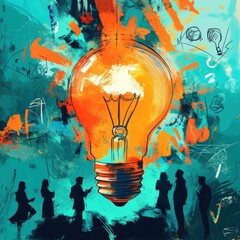 Fototapete - Mixed media illustration featuring a glowing light bulb surrounded by abstract figures and bright colors in a creative environment