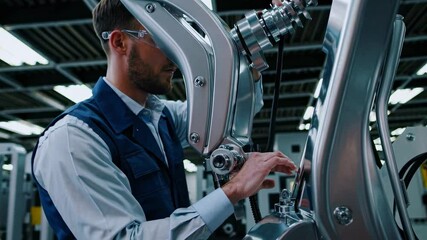 Fototapete - Engineer observes advanced robotic arm in high-tech manufacturing facility