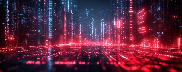 Poster - Futuristic Cyberpunk Cityscape Background with Glowing Lines Neon Lights and Digital Waves for Technology Graphics