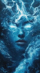 Poster - Vibrant portrait of a mystical face emerging from a turbulent ocean with electric blue lightning illuminating its features