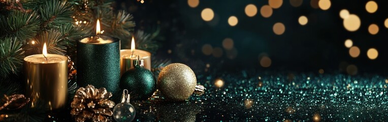 Aufkleber - Vibrant emerald green and gold decorations with candles create a warm festive atmosphere