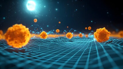 Poster - Quantum computing simulation depicting the gravitational interactions between multiple celestial bodies within a galactic setting