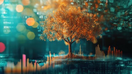 Aufkleber - Vibrant double exposure showcasing a symbolic tree intertwined with digital elements in a captivating and imaginative composition