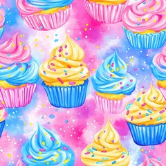 Poster - Vibrant watercolor doodle of colorful cupcakes with playful sprinkles on a bright, dreamy background