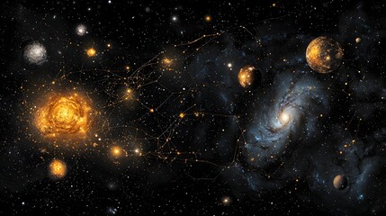 Poster - quantum computing simulation depicting the complex gravitational interactions between multiple celes