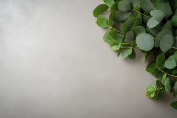 Leinwandbilder - Eucalyptus branches are neatly placed on a pastel beige surface, creating a minimalistic look with soft shadows and open space for text or design elements