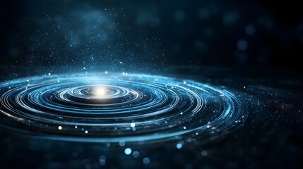 Poster - Quantum simulation visualizing the effects of gravity on light demonstrating gravitational around a black hole and leaving copy space in the bottom right corner for added visual interest