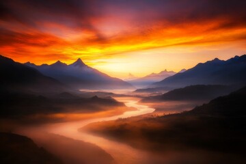 Aufkleber - Glowing peaks illuminate the horizon as sunlight breaks over a rugged mountain range, with mist rising from valleys in the early morning light