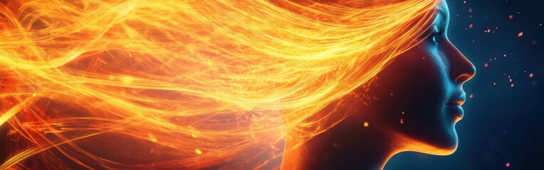 Poster - Surreal visualization of a dancer's profile illuminated by fiery motion and vivid colors at dusk