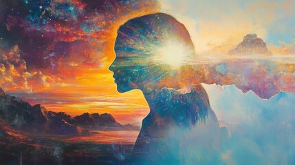 Aufkleber - Surreal depiction of a glowing woman against a vibrant cosmic landscape at sunrise