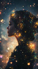 Poster - Surreal representation of a glowing woman amidst a cosmic backdrop filled with luminous stars and ethereal light