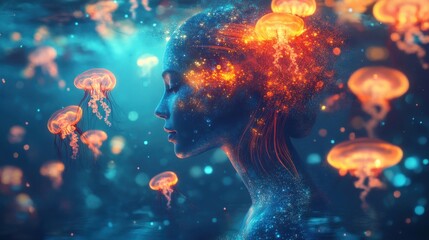 Leinwandbilder - Surreal glowing woman surrounded by luminous jellyfish in an underwater dreamscape