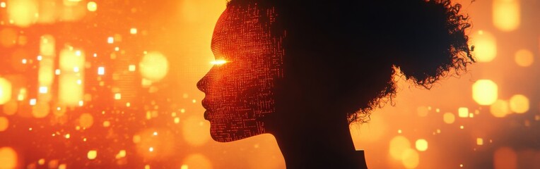 Poster - Surreal portrait of a woman's silhouette with vibrant lights creating a glowing atmosphere