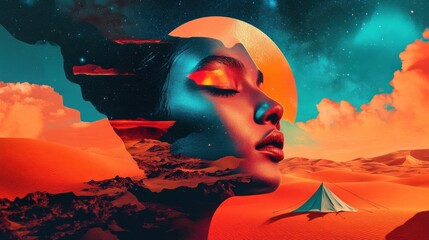 Poster - Surreal portrait of a woman's face blending with a vibrant desert landscape under a cosmic sky at sunset