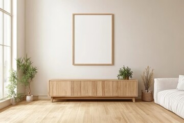 Leinwandbilder - Bright spring living room features a wooden sideboard and a white sofa, complemented by green plants and a mock-up poster, creating a cozy home atmosphere